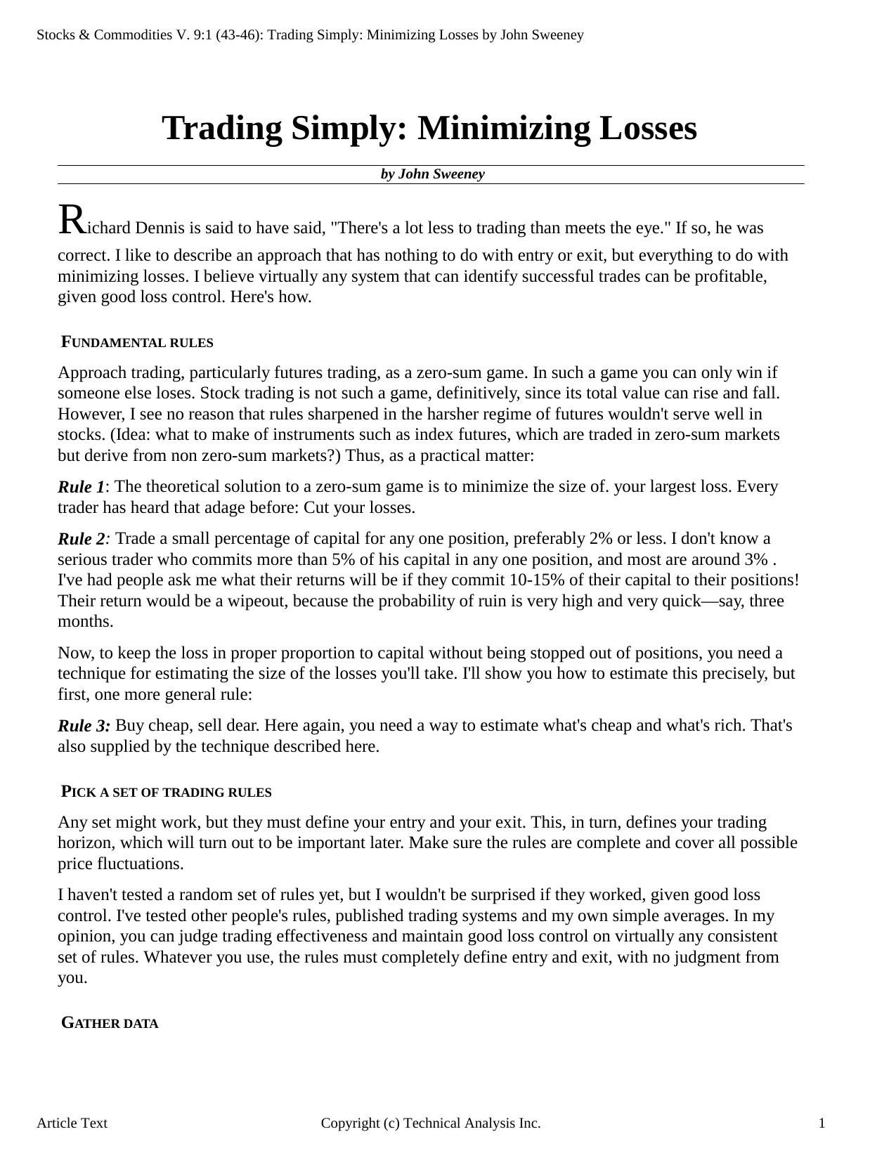Stocks & Commodities V.9:1 (43-46): Trading Simply: Minimizing Losses by John Sweeney by John Sweeney
