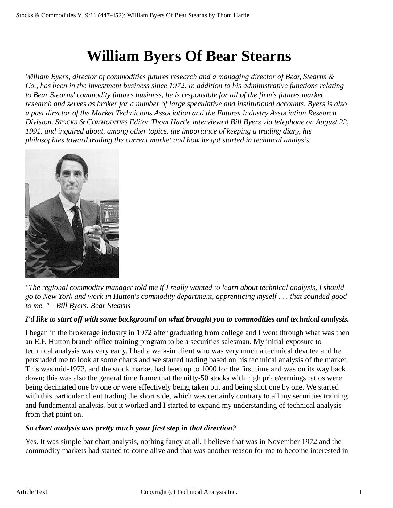 Stocks & Commodities V.9:11 (447-452): William Byers Of Bear Stearns by Technical Analysis Inc