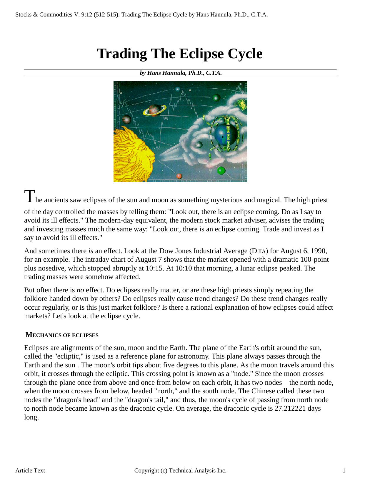Stocks & Commodities V.9:12 (512-515): Trading The Eclipse Cycle by Hans Hannula, Ph.D., C.T.A. by Hans Hannula