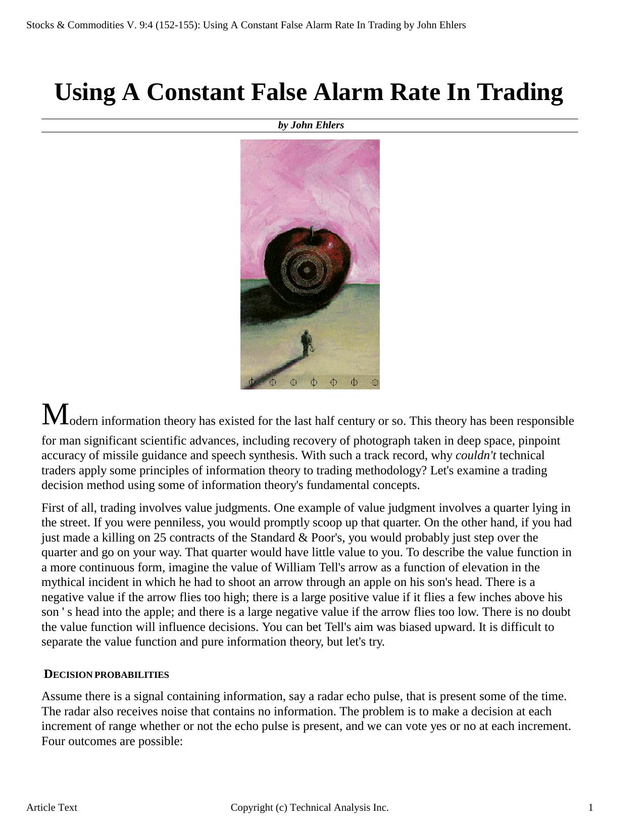 Stocks & Commodities V.9:4 (152-155): Using A Constant False Alarm Rate In Trading by John Ehlers by John Ehlers