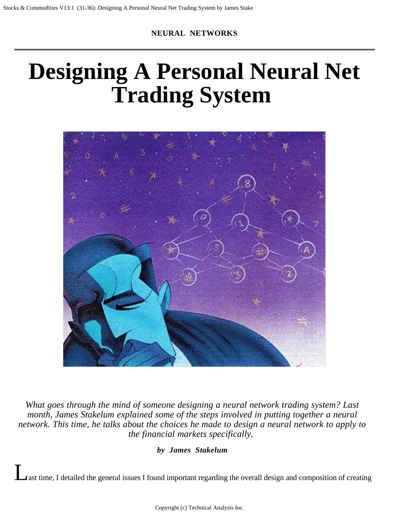 Stocks & Commodities V13 (31-36): Designing A Personal Neural Net Trading System by James Stakelum by James Stakelum