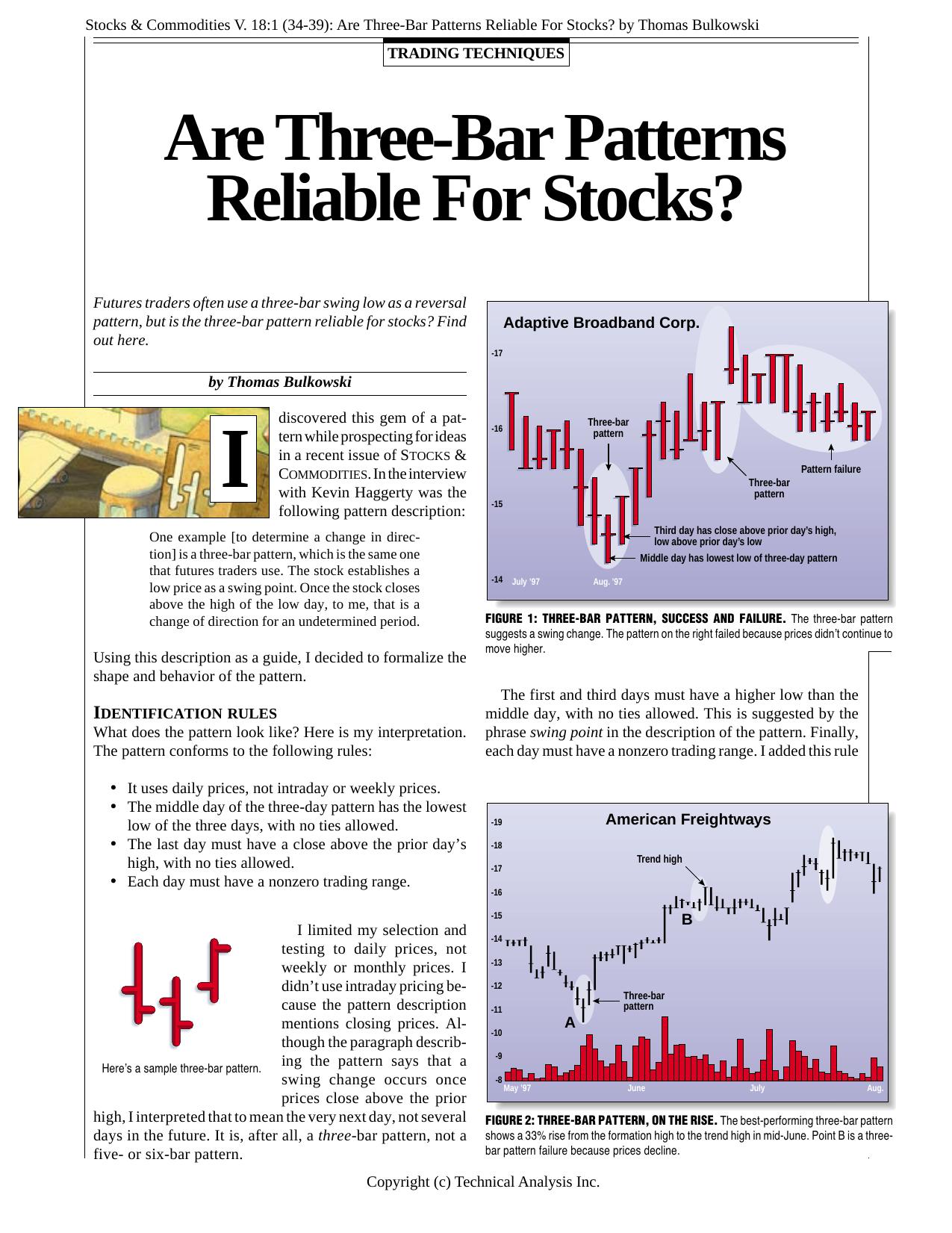 Stocks &Commodities V.18:1 (34-39):Are Three-Bar Patterns Reliable For Stocks?by Thomas Bulkowski by Thomas Bulkowski