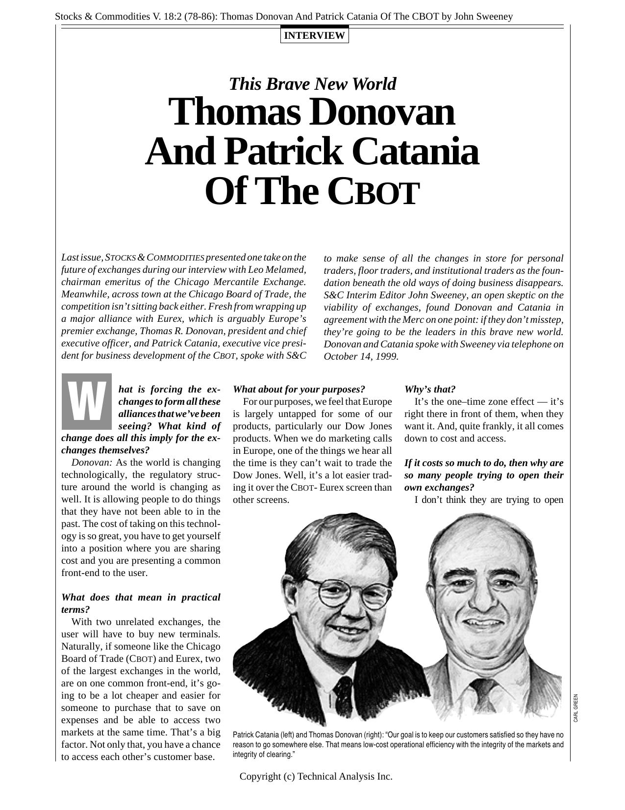 Stocks &Commodities V.18:2 (78-86):Thomas Donovan And Patrick Catania Of The CBOT by John Sweeney by John Sweeney