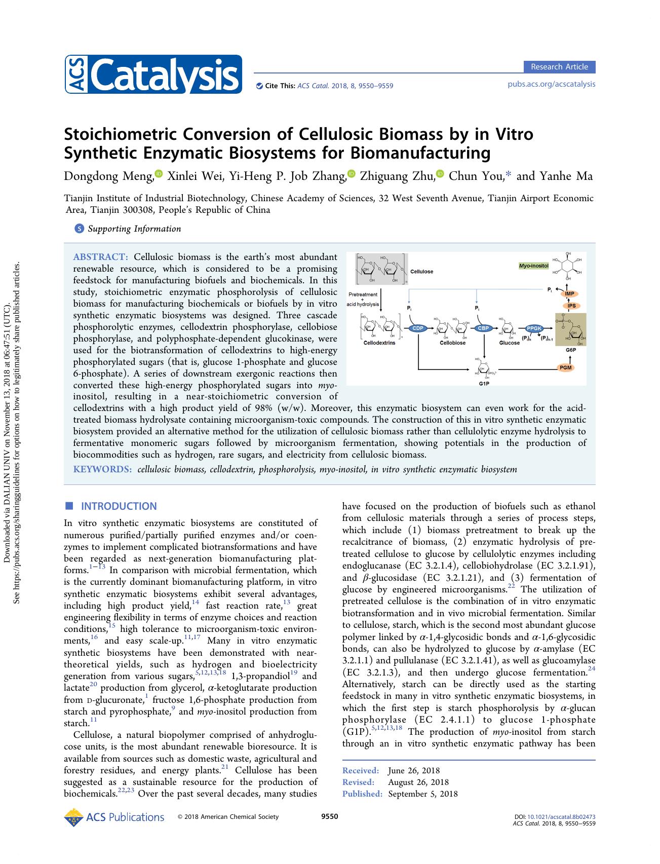 Stoichiometric Conversion of Cellulosic Biomass by in Vitro Synthetic Enzymatic Biosystems for Biomanufacturing by Dongdong Meng & Xinlei Wei & Yi-Heng P. Job Zhang & Zhiguang Zhu & Chun You & Yanhe Ma