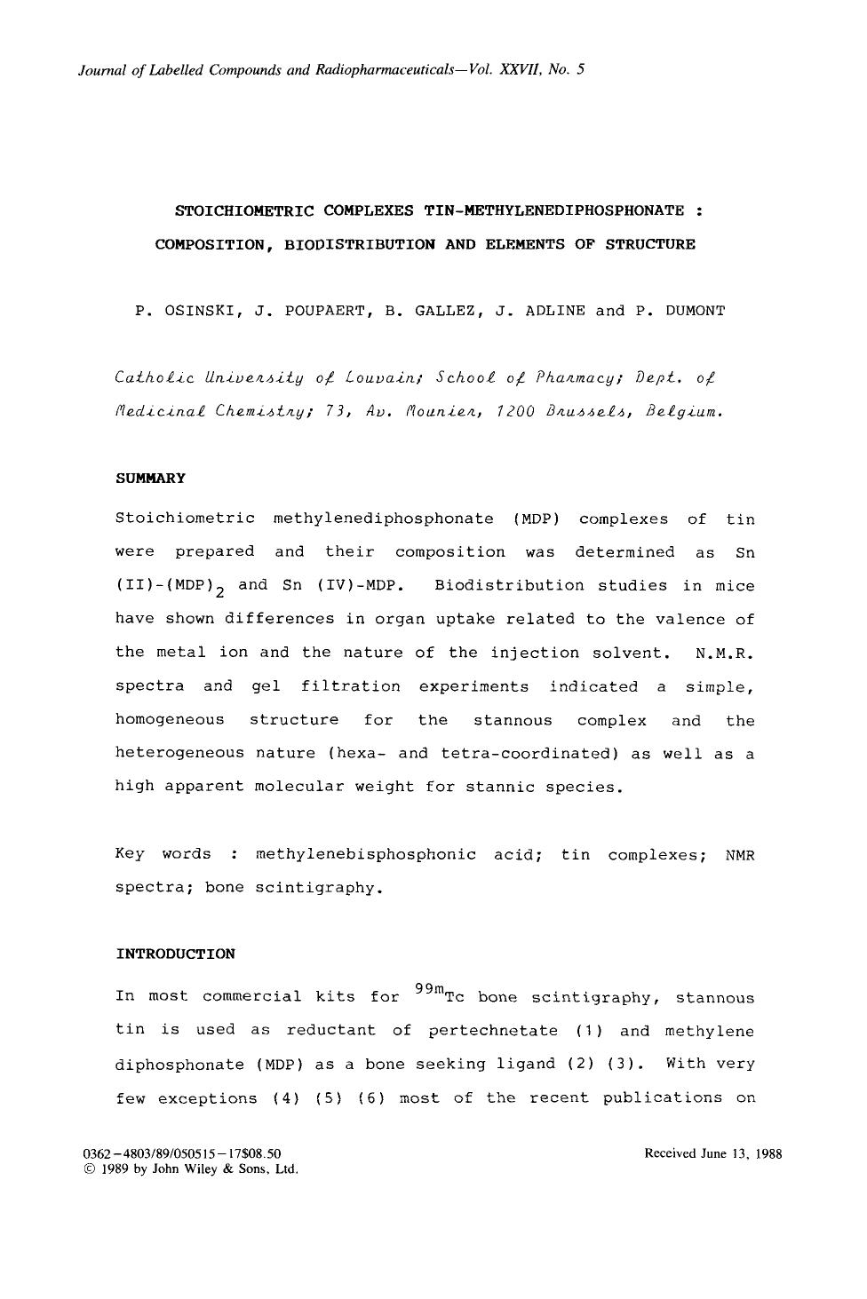 Stoichiometric complexes tin-methylenediphosphonate: Composition, biodistribution and elements of structure by Unknown