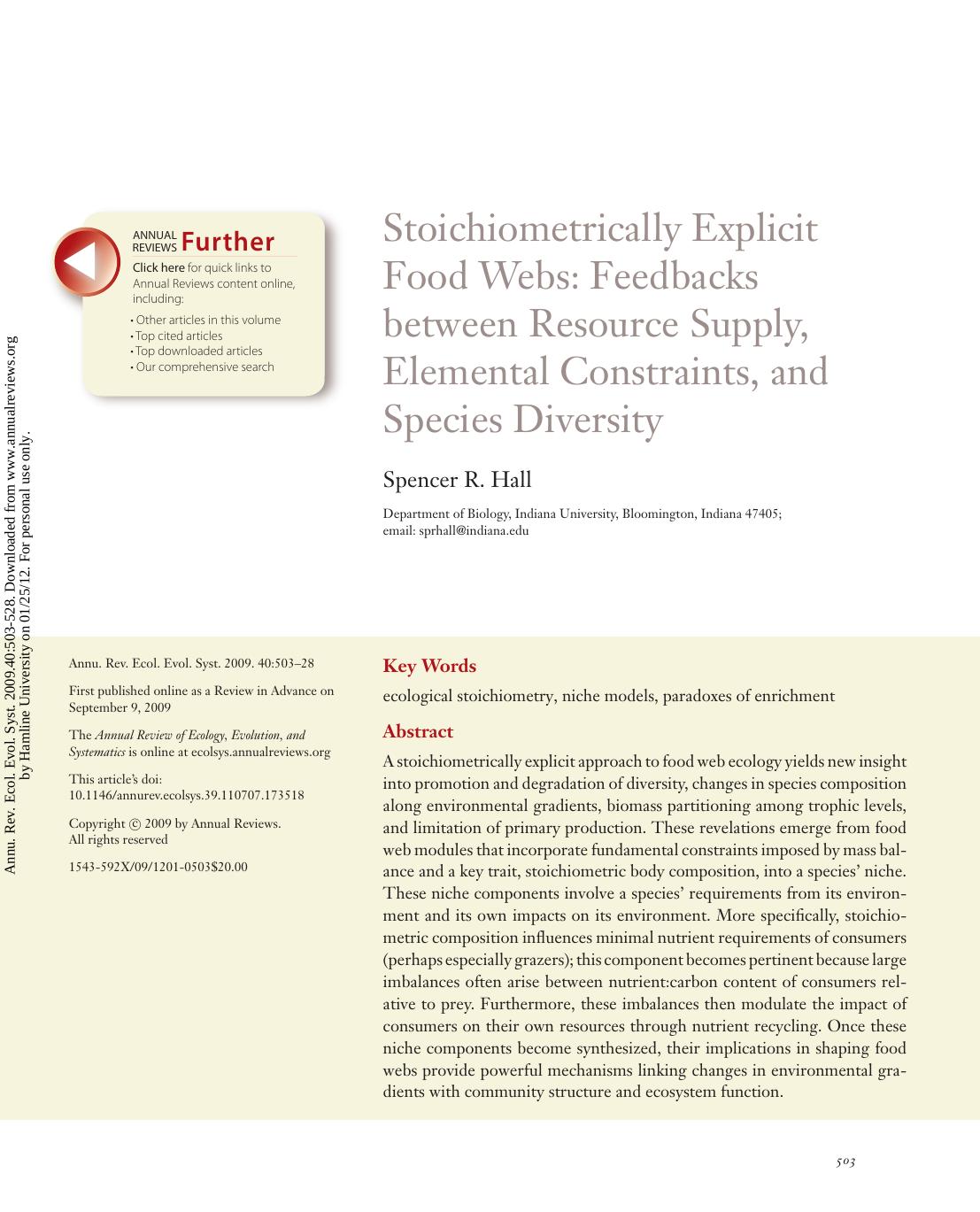 Stoichiometrically Explicit Food Webs: Feedbacks between Resource Supply, Elemental Constraints, and Species Diversity by Spencer R. Hall