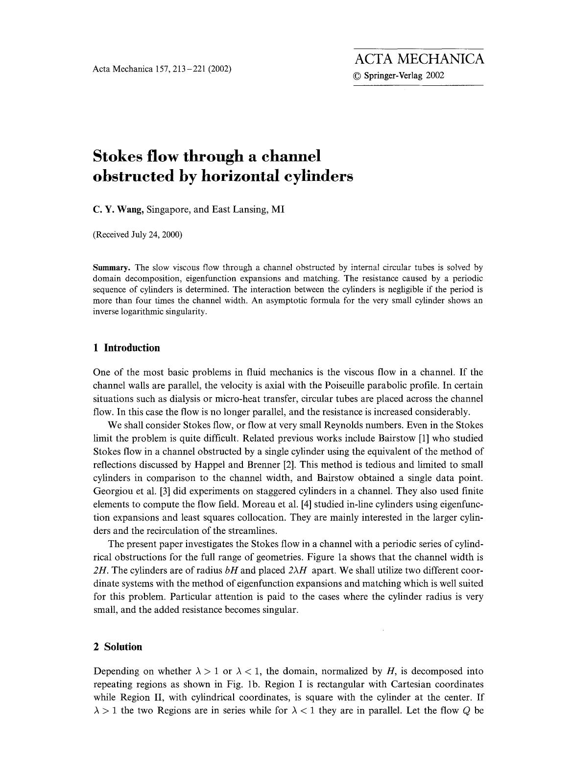 Stokes flow through a channel obstructed by horizontal cylinders by Unknown