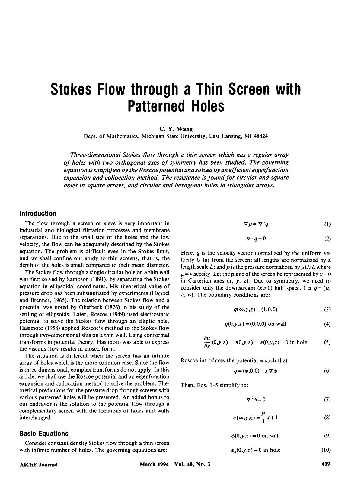 Stokes flow through a thin screen with patterned holes by Unknown