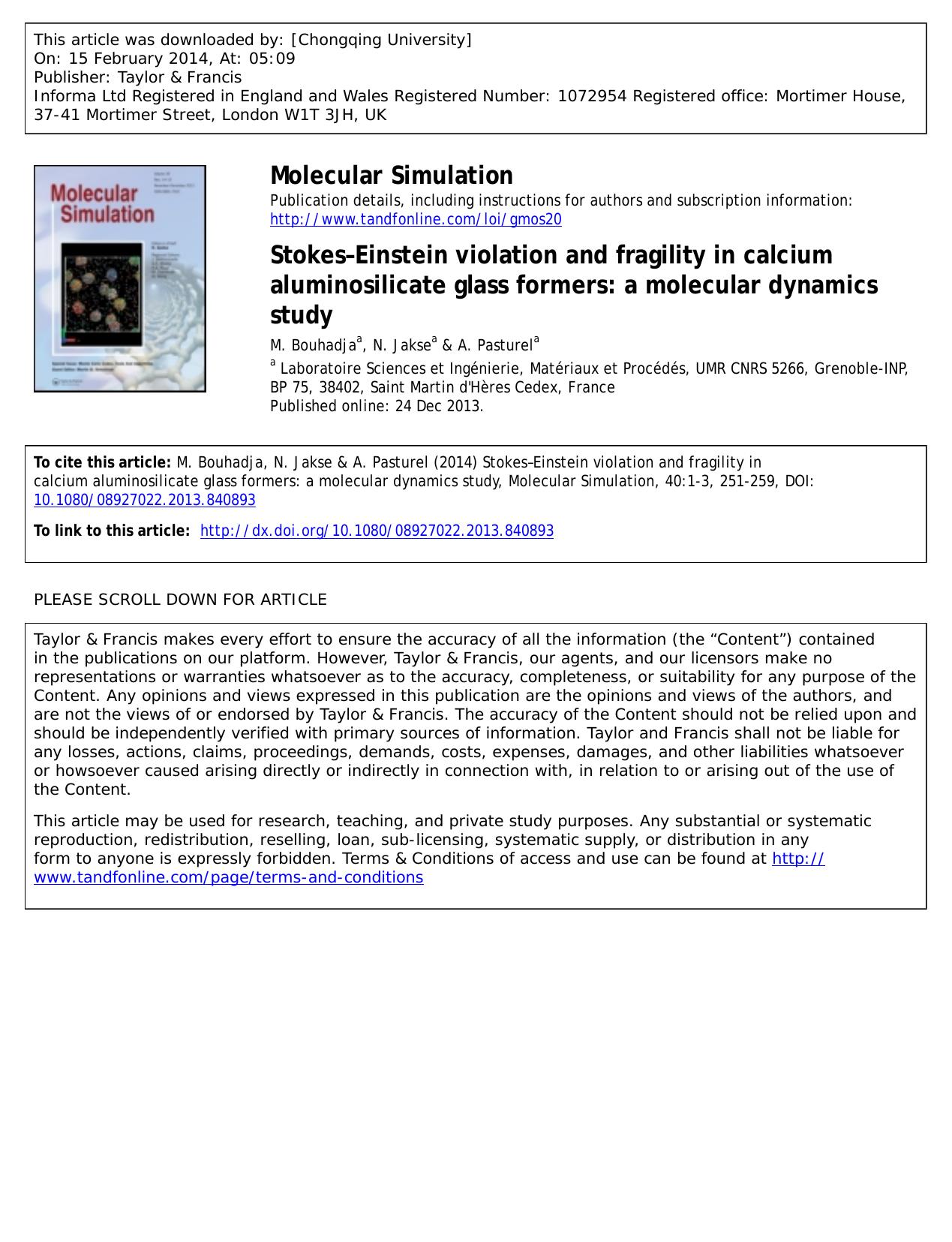 Stokes-Einstein violation and fragility in calcium aluminosilicate glass formers: a molecular dynamics study by M. Bouhadja & N. Jakse & A. Pasturel