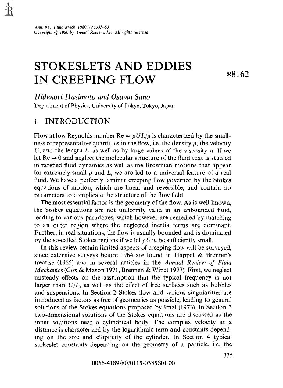 Stokeslets and Eddies in Creeping Flow by H Hasimoto and O Sano