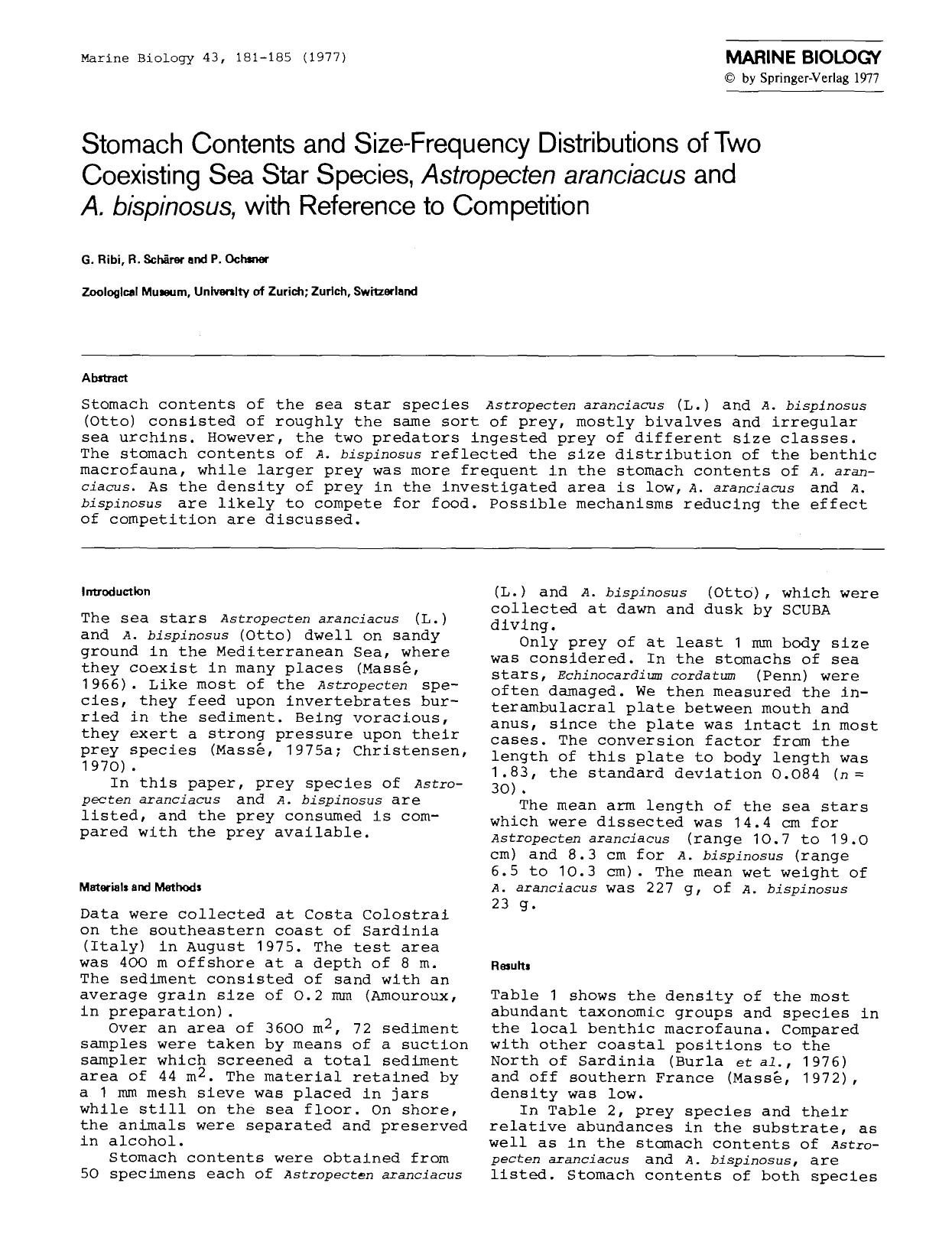 Stomach contents and size-frequency distributions of two coexisting sea star species, <Emphasis Type="Italic">Astropecten aranciacus<Emphasis> and <Emphasis Type="Italic">A. bispin by Unknown