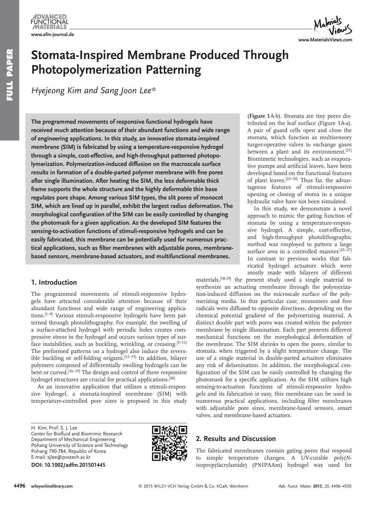 Stomata‐Inspired Membrane Produced Through Photopolymerization Patterning by Unknown