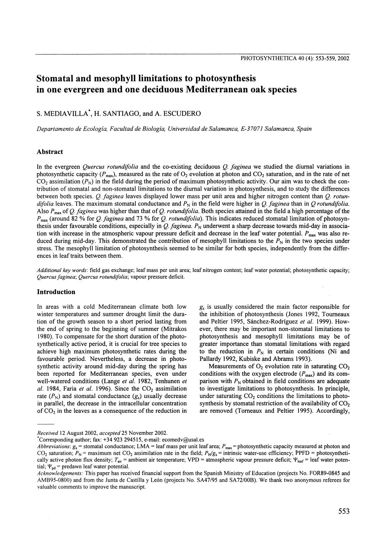 Stomatal and Mesophyll Limitations to Photosynthesis in One Evergreen and One Deciduous Mediterranean Oak Species by Unknown
