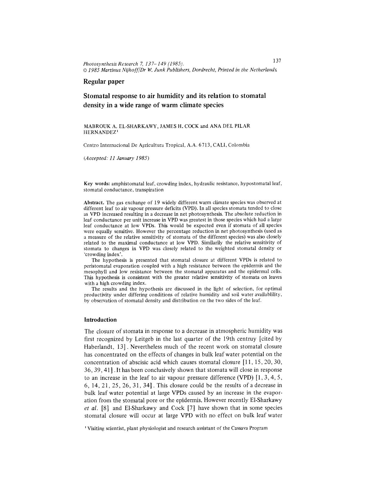 Stomatal response to air humidity and its relation to stomatal density in a wide range of warm climate species by Unknown
