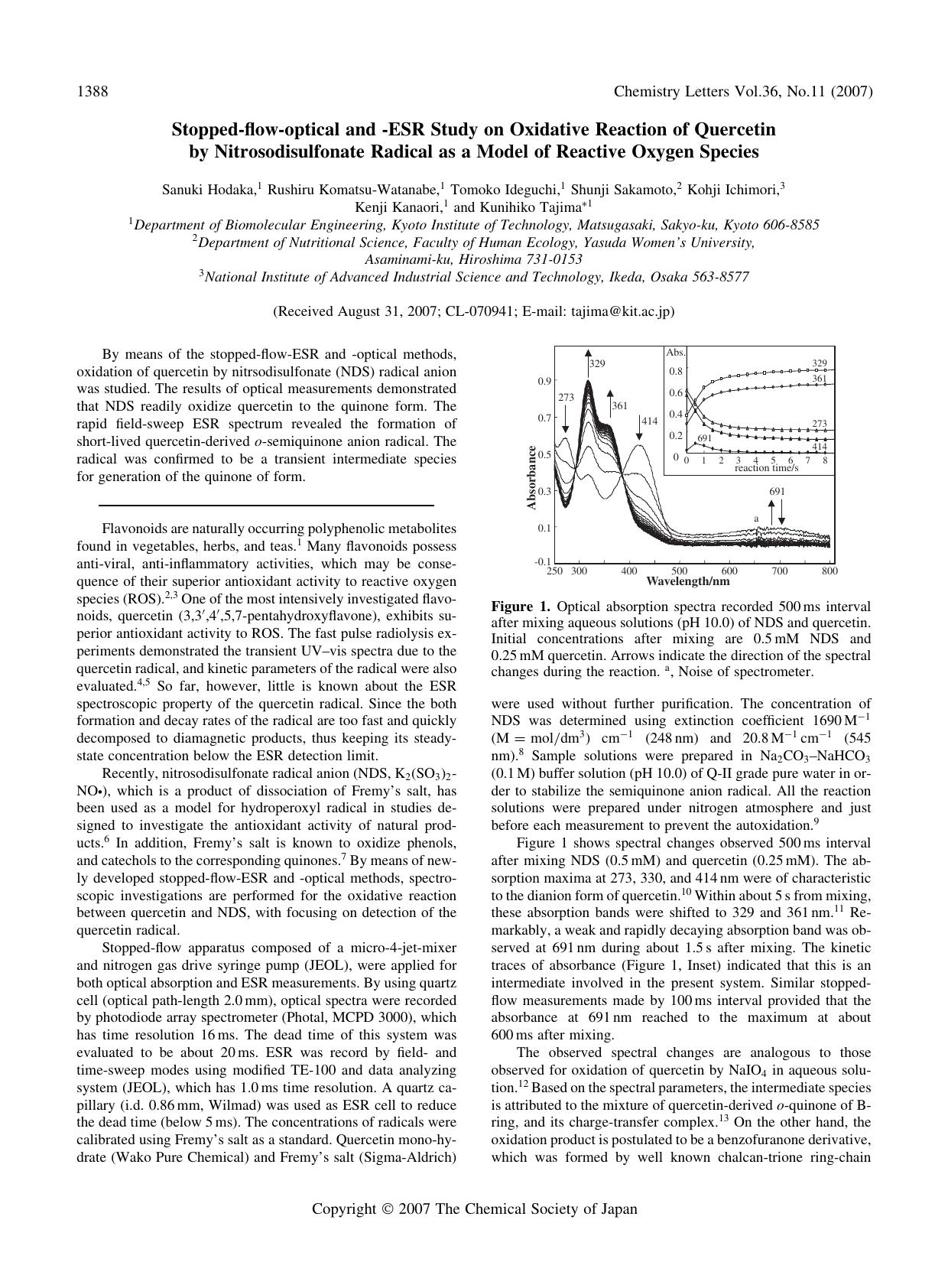 Stopped-flow-optical and -ESR Study on Oxidative Reaction of Quercetin by Nitrosodisulfonate Radical as a Model of Reactive Oxygen Species by unknow
