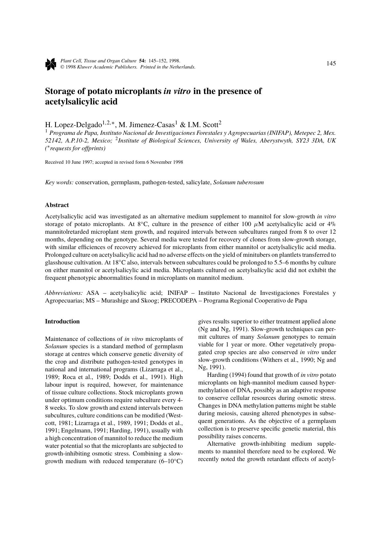 Storage of potato microplants in vitro in the presence of acetylsalicylic acid by Unknown