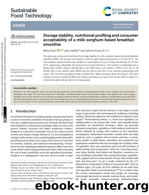 Storage stability, nutritional profiling and consumer acceptability of a milk-sorghum-based breakfast smoothie by Rekha Rani & Latha Sabikhi & Sathish Kumar M. H