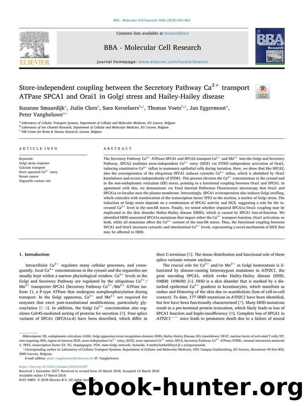 Store-independent coupling between the Secretory Pathway Ca2+ transport ATPase SPCA1 and Orai1 in Golgi stress and Hailey-Hailey disease by Susanne Smaardijk & Jialin Chen & Sara Kerselaers & Thomas Voets & Jan Eggermont & Peter Vangheluwe