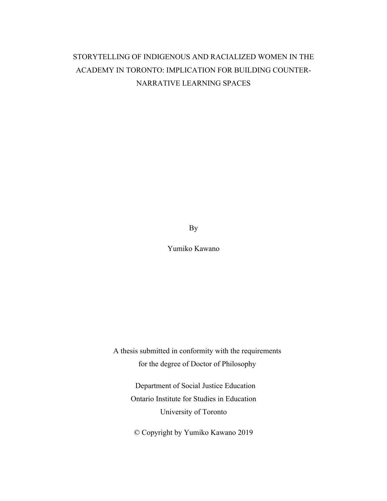 Storytelling of Indigenous and Racialized Women in the Academy in Toronto: Implication for Building Counternarrative Learning Spaces by Kawano Yumiko