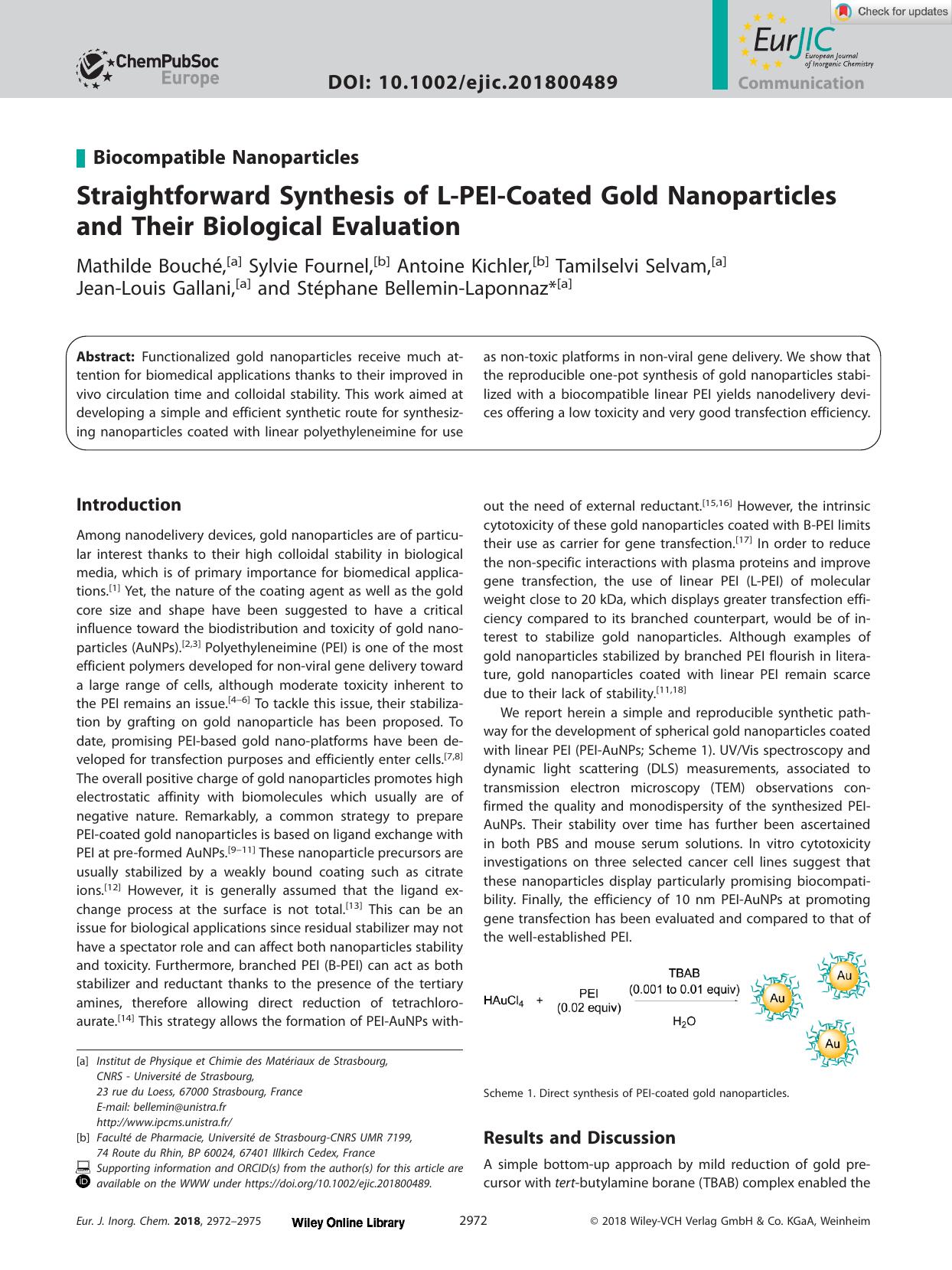 Straightforward Synthesis of LâPEIâCoated Gold Nanoparticles and Their Biological Evaluation by Unknown