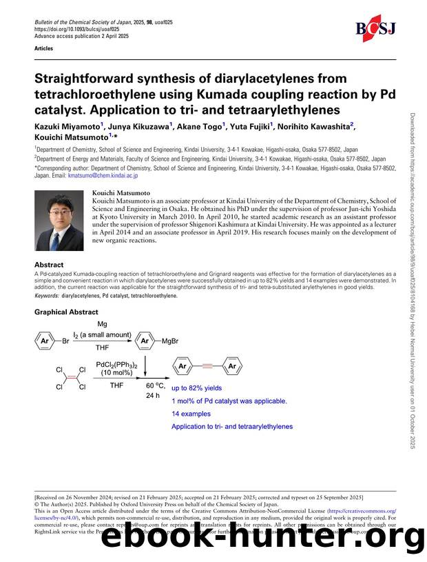 Straightforward synthesis of diarylacetylenes from tetrachloroethylene using Kumada coupling reaction by Pd catalyst. Application to tri- and tetraarylethylenes by Kazuki Miyamoto & Junya Kikuzawa & Akane Togo & Yuta Fujiki & Norihito Kawashita & Kouichi Matsumoto