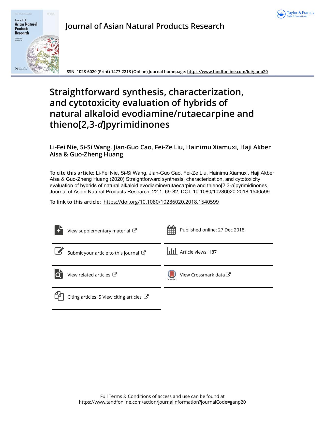 Straightforward synthesis, characterization, and cytotoxicity evaluation of hybrids of natural alkaloid evodiaminerutaecarpine and thieno[2,3-d]pyrimidinones by unknow
