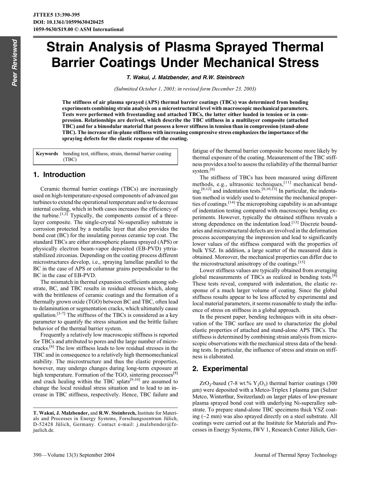 Strain analysis of plasma sprayed thermal barrier coatings under mechanical stress by Unknown