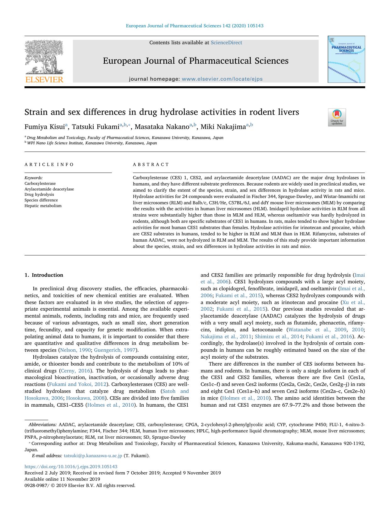 Strain and sex differences in drug hydrolase activities in rodent livers by Fumiya Kisui & Tatsuki Fukami & Masataka Nakano & Miki Nakajima