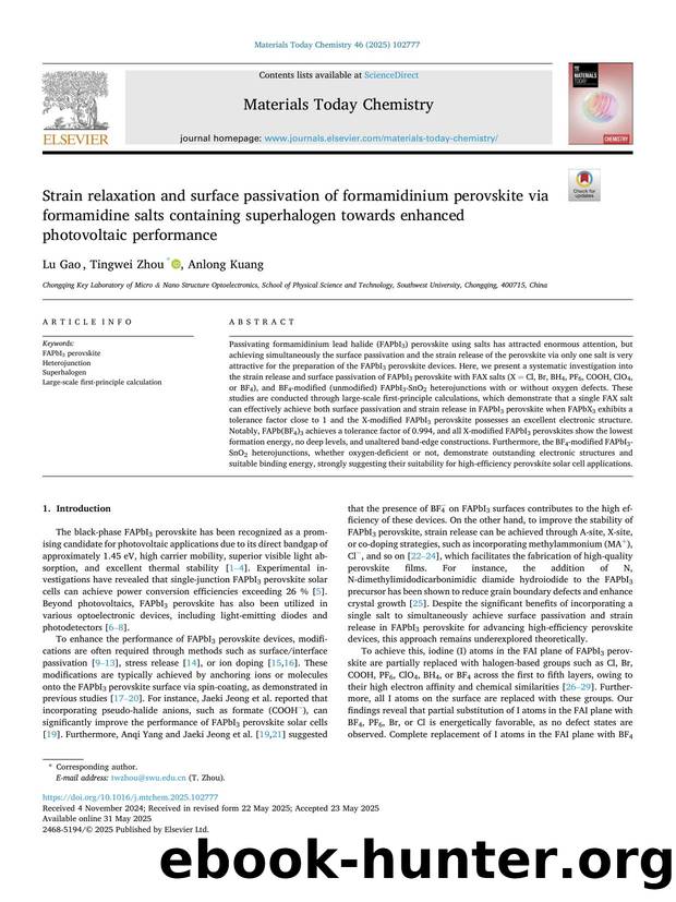 Strain relaxation and surface passivation of formamidinium perovskite via formamidine salts containing superhalogen towardsÂ enhanced photovoltaic performance by Lu Gao & Tingwei Zhou & Anlong Kuang