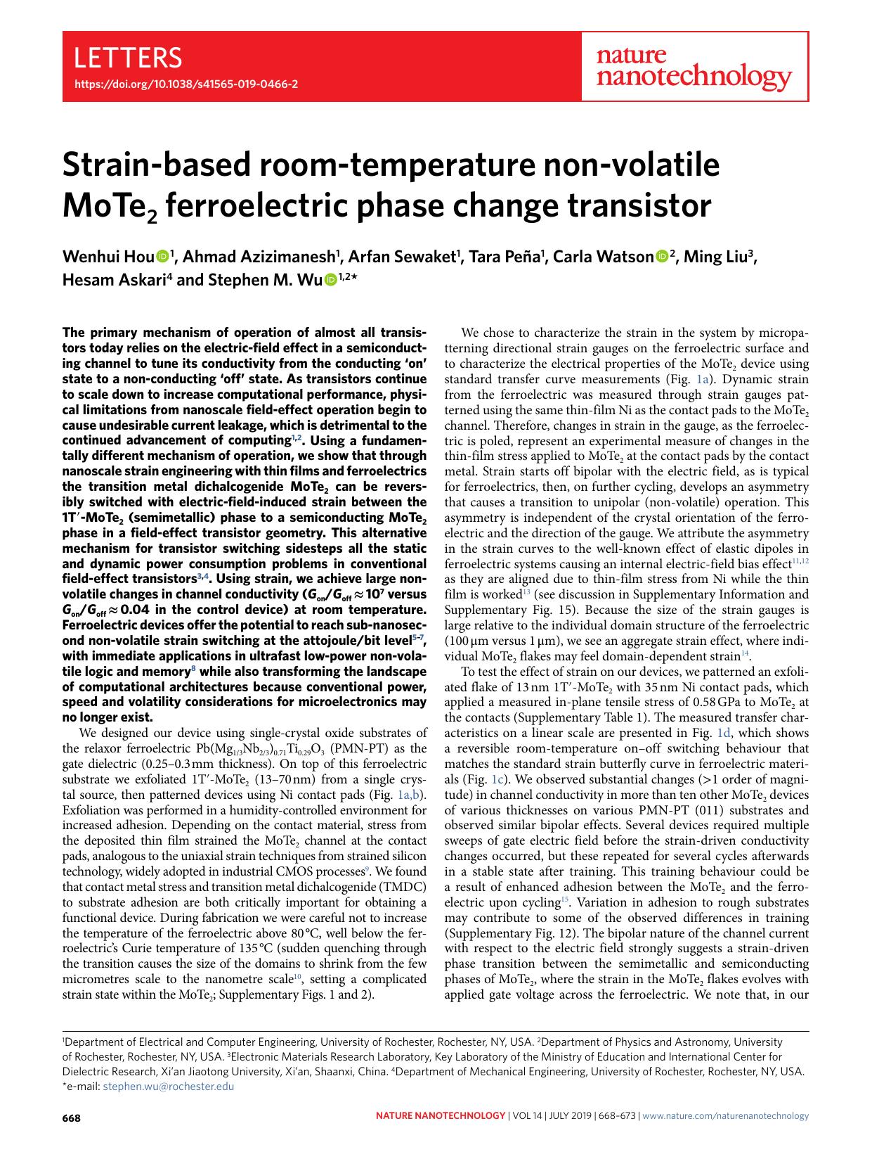 Strain-based room-temperature non-volatile MoTe2 ferroelectric phase change transistor by unknow