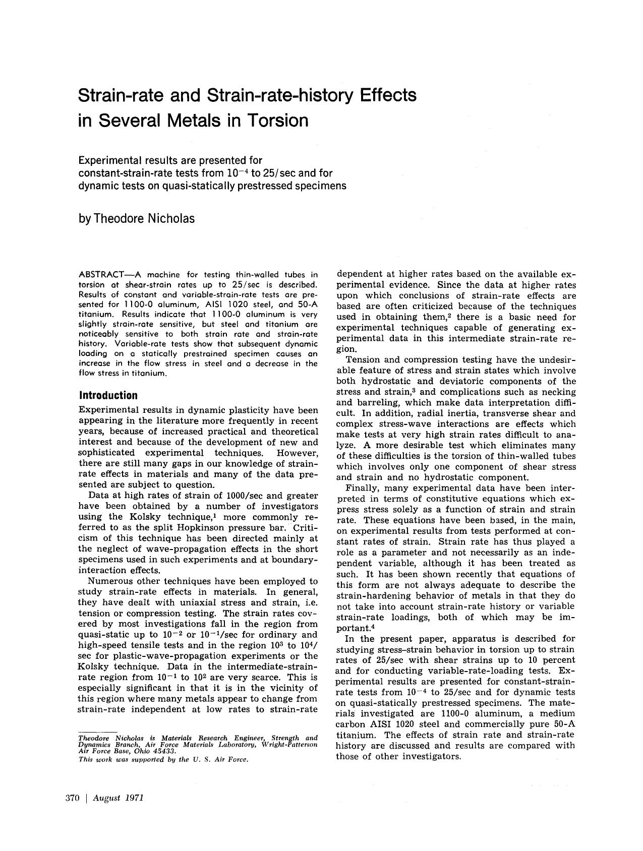 Strain-rate and strain-rate-history effects in several metals in torsion by Unknown