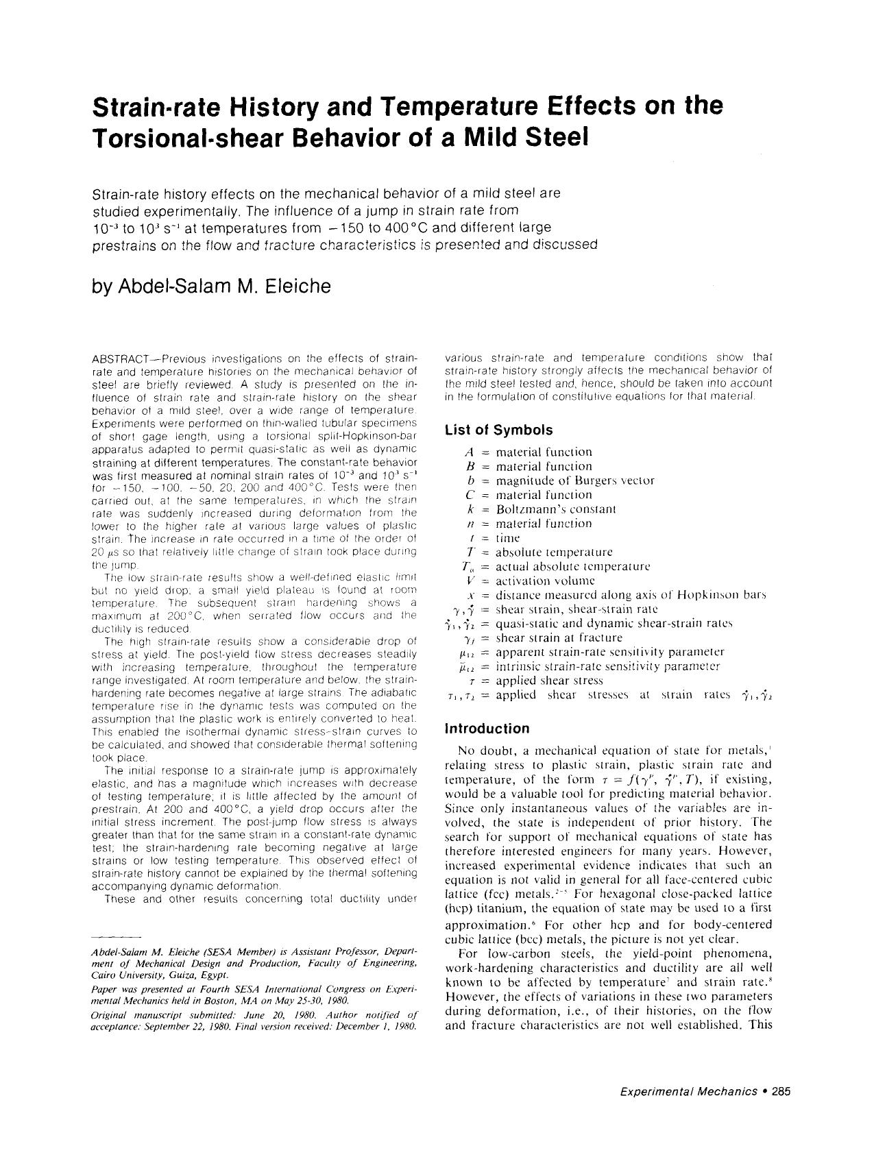 Strain-rate history and temperature effects on the torsional-shear behavior of a mild steel by Unknown
