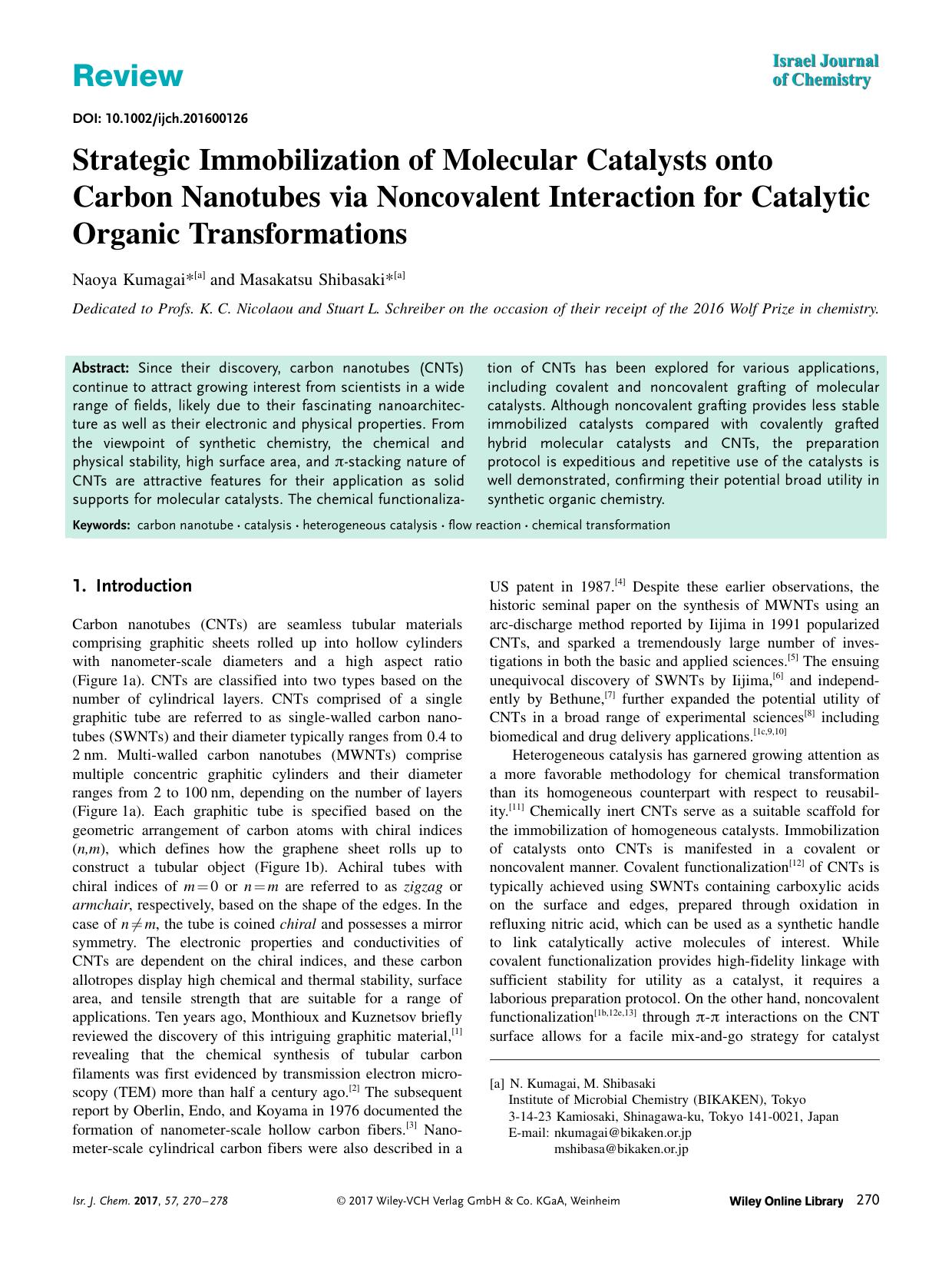 Strategic Immobilization of Molecular Catalysts onto Carbon Nanotubes via Noncovalent Interaction for Catalytic Organic Transformations by Unknown