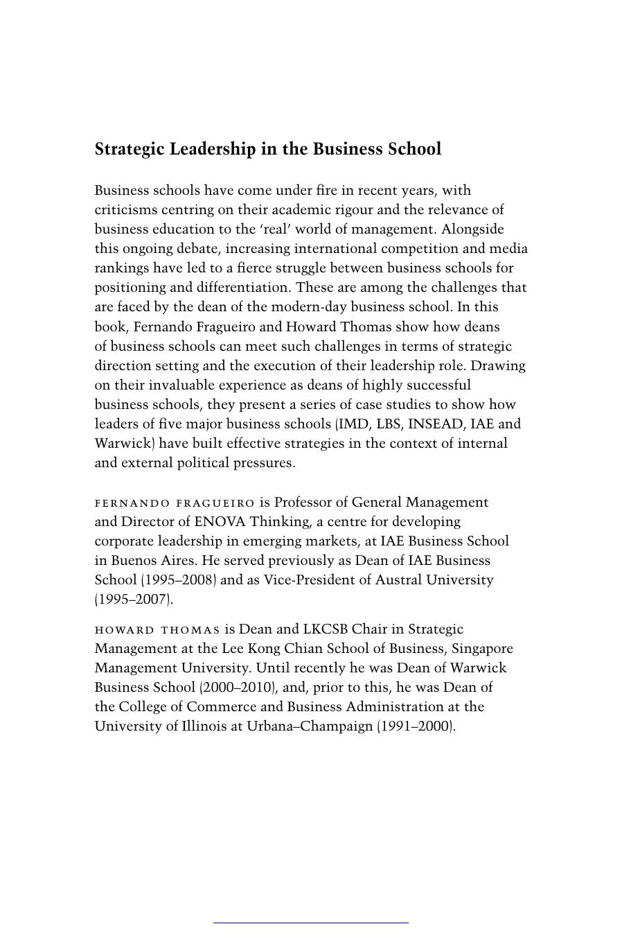 Strategic Leadership in the Business School: Keeping One Step Ahead by Fernando Fragueiro Howard Thomas