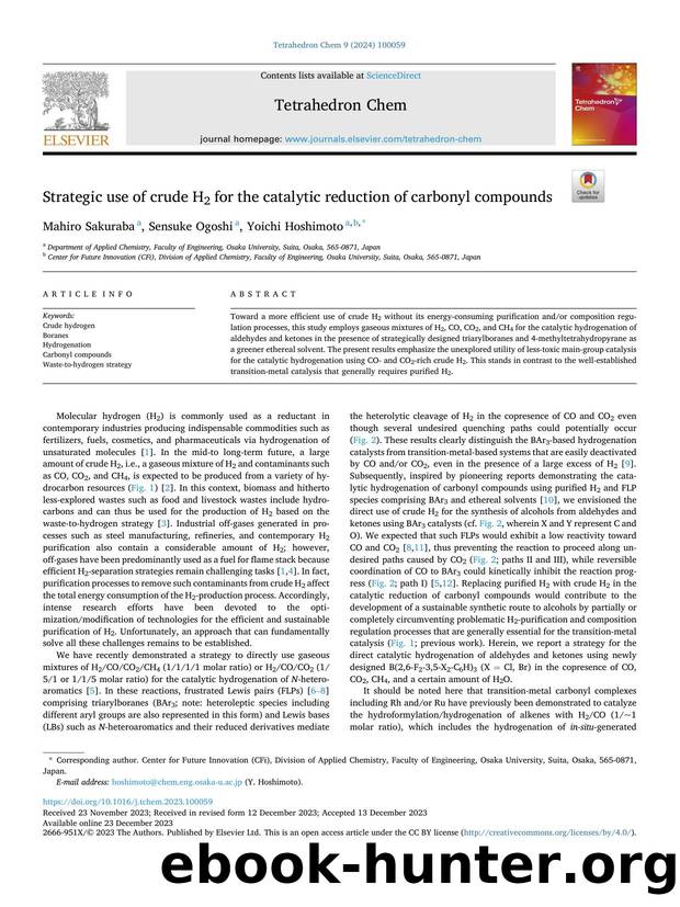 Strategic use of crude H2 for the catalytic reduction of carbonyl compounds by Mahiro Sakuraba & Sensuke Ogoshi & Yoichi Hoshimoto