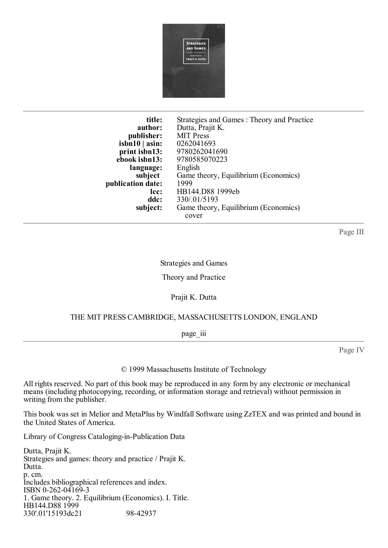 Strategies and Games: Theory and Practice by Prajit K. Dutta