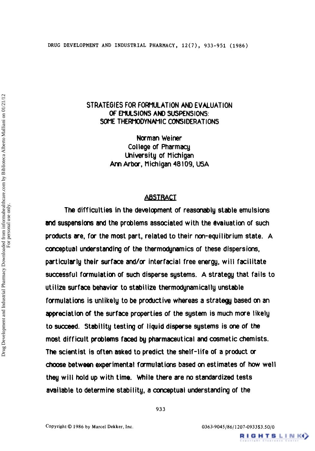 Strategies for Formulation and Evaluation of Emulsions and Suspensions: Some thermodynamic Considerations by Norman Weiner