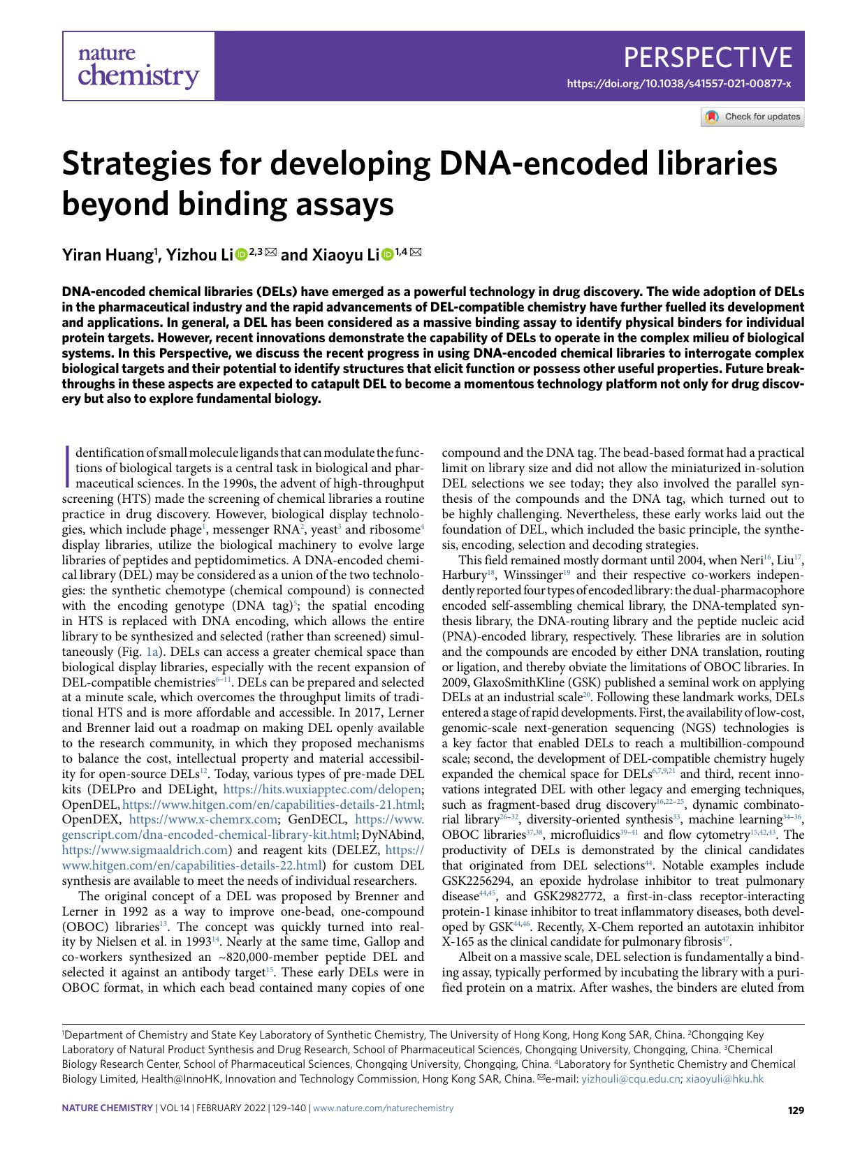 Strategies for developing DNA-encoded libraries beyond binding assays by Yiran Huang & Yizhou Li & Xiaoyu Li