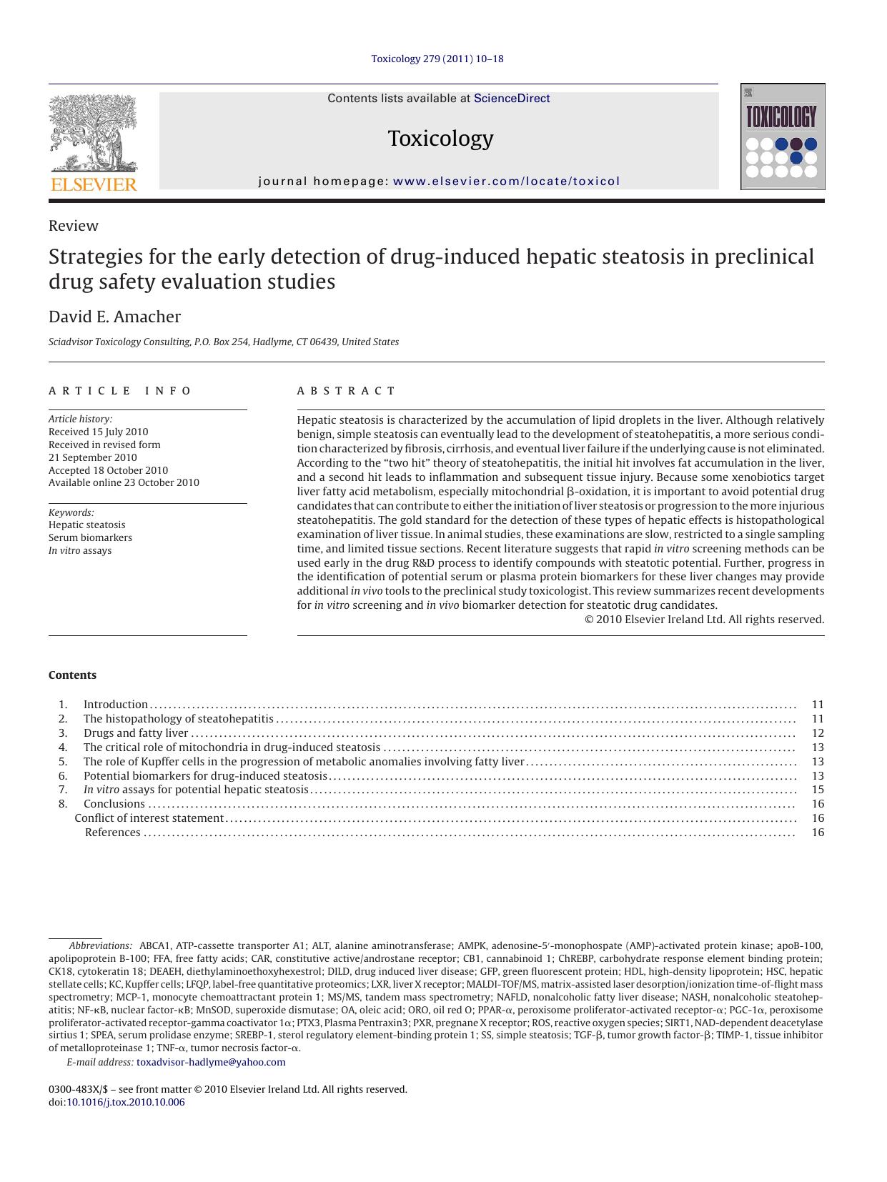 Strategies for the early detection of drug-induced hepatic steatosis in preclinical drug safety evaluation studies by David E. Amacher