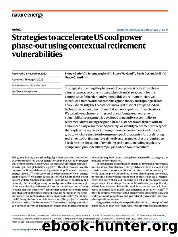 Strategies to accelerate US coal power phase-out using contextual retirement vulnerabilities by Sidney Gathrid & Jeremy Wayland & Stuart Wayland & Ranjit Deshmukh & Grace C. Wu
