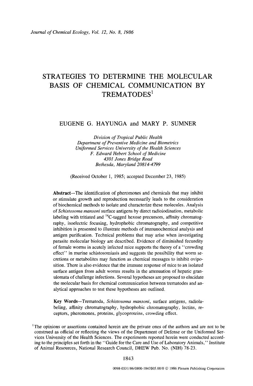 Strategies to determine the molecular basis of chemical communication by trematodes by Unknown