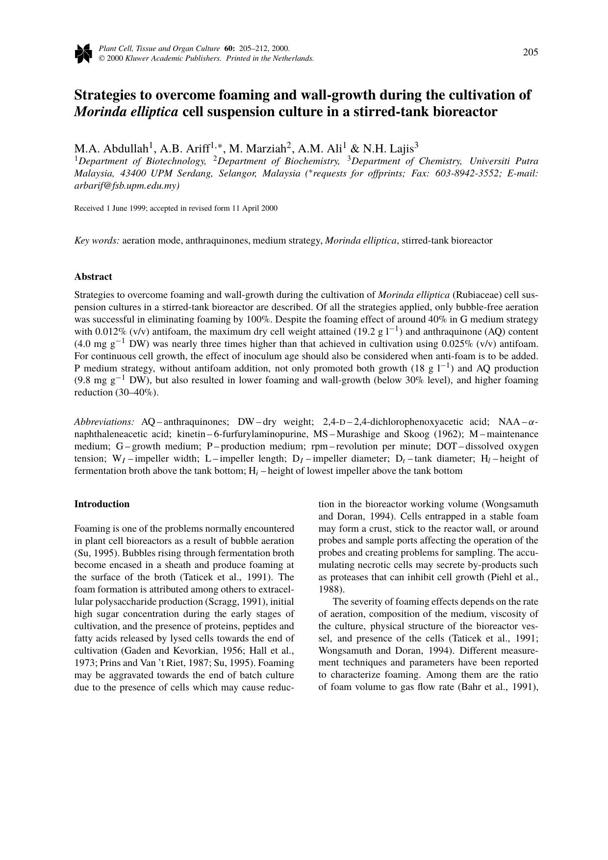 Strategies to overcome foaming and wall-growth during the cultivation of Morinda elliptica cell suspension culture in a stirred-tank bioreactor by Unknown