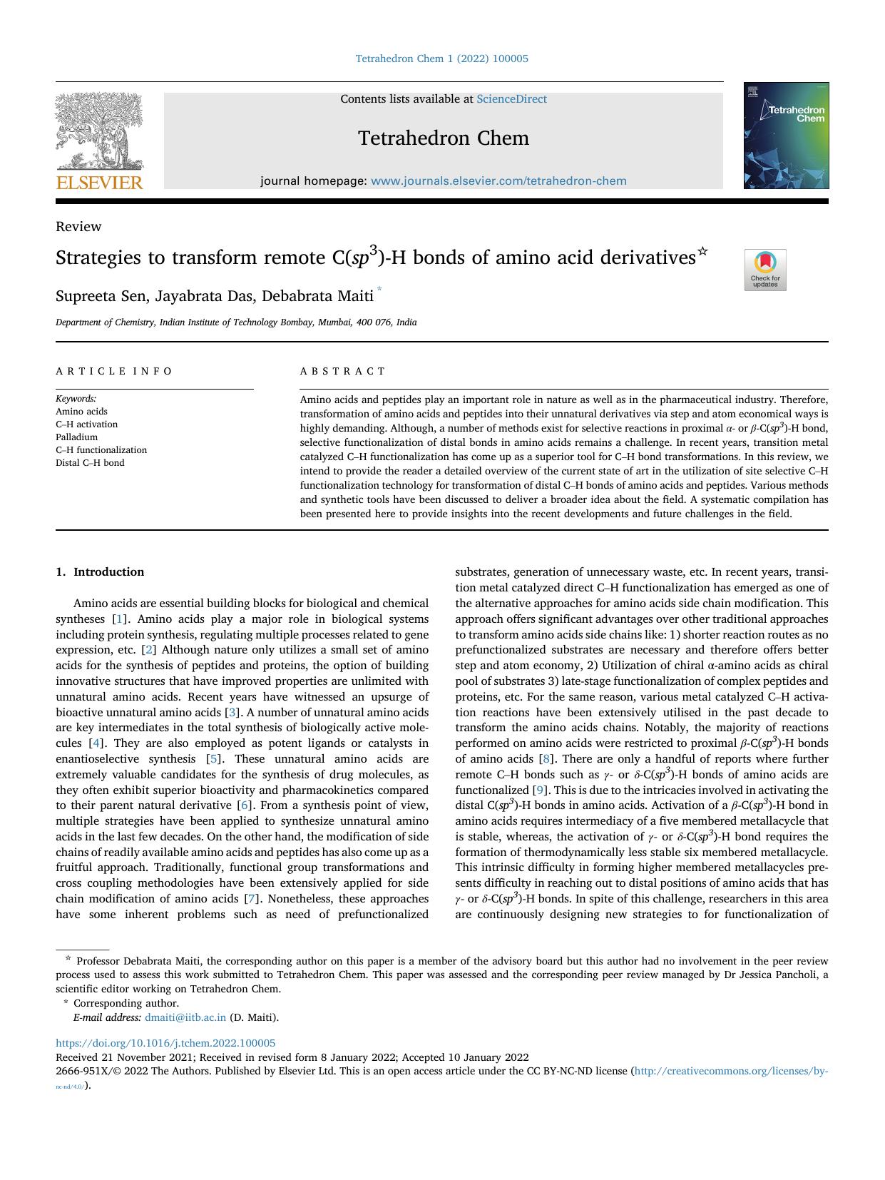 Strategies to transform remote C(sp3)-H bonds of amino acid derivatives by Supreeta Sen & Jayabrata Das & Debabrata Maiti