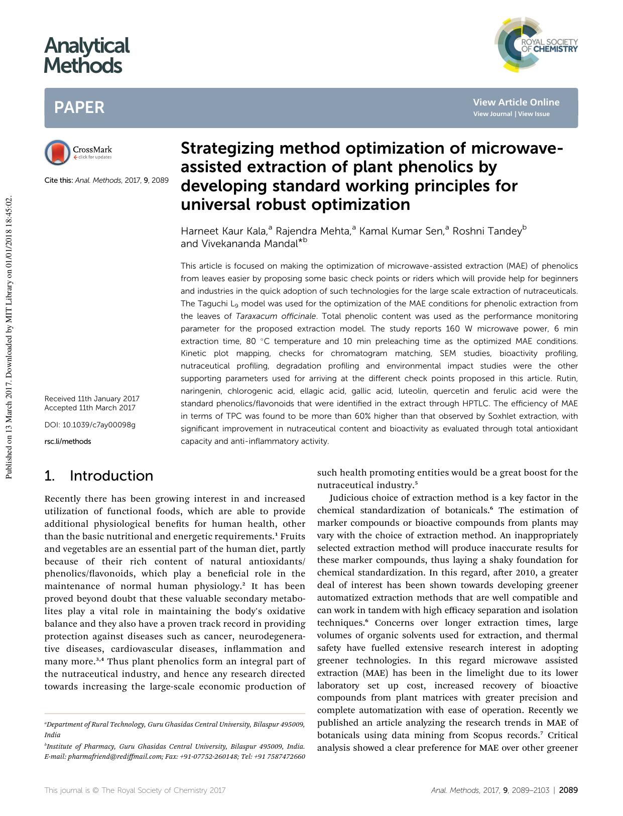 Strategizing method optimization of microwave-assisted extraction of plant phenolics by developing standard working principles for universal robust optimization by Harneet Kaur Kala & Rajendra Mehta & Kamal Kumar Sen & Roshni Tandey & Vivekananda Mandal