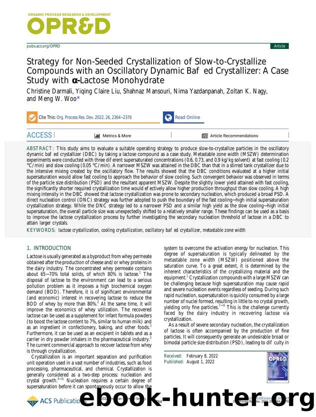 Strategy for Non-Seeded Crystallization of Slow-to-Crystallize Compounds with an Oscillatory Dynamic Baffled Crystallizer: A Case Study with Î±-Lactose Monohydrate by unknow