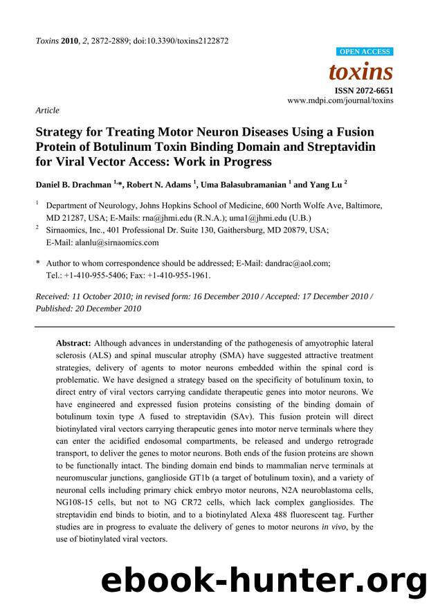 Strategy for Treating Motor Neuron Diseases Using a Fusion Protein of Botulinum Toxin Binding Domain and Streptavidin for Viral Vector Access: Work in Progress by Daniel B. Drachman 1 & * & Robert N. Adams 1 & Uma Balasubramanian 1 and Yang Lu 2