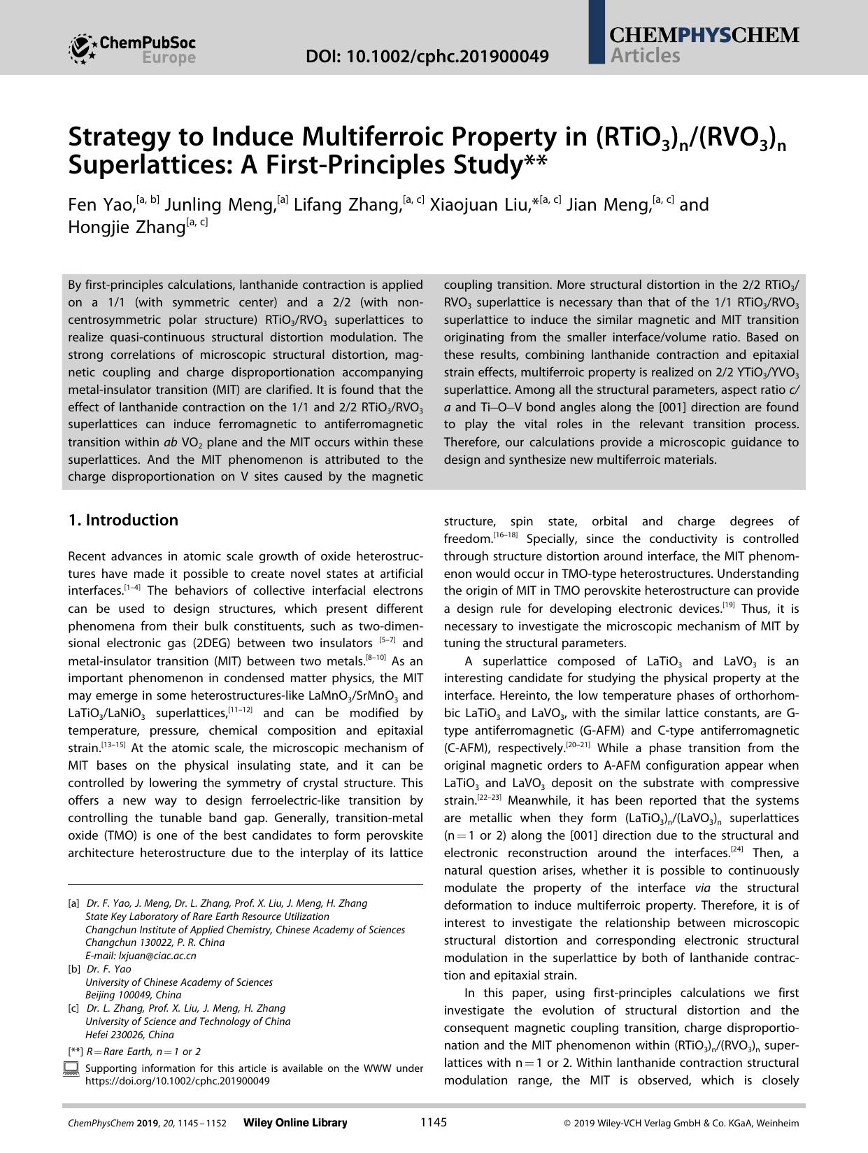 Strategy to Induce Multiferroic Property in (RTiO3)n(RVO3)n Superlattices: A FirstâPrinciples Study by Unknown