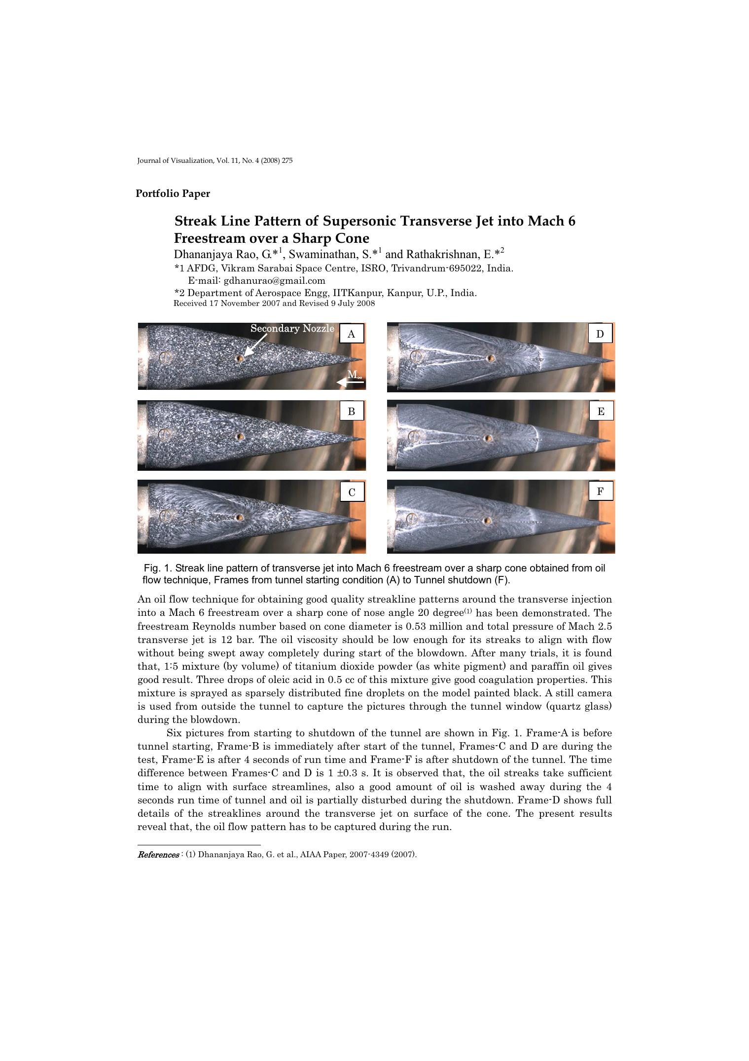 Streak line pattern of supersonic transverse jet into Mach 6 freestream over a sharp cone by Unknown