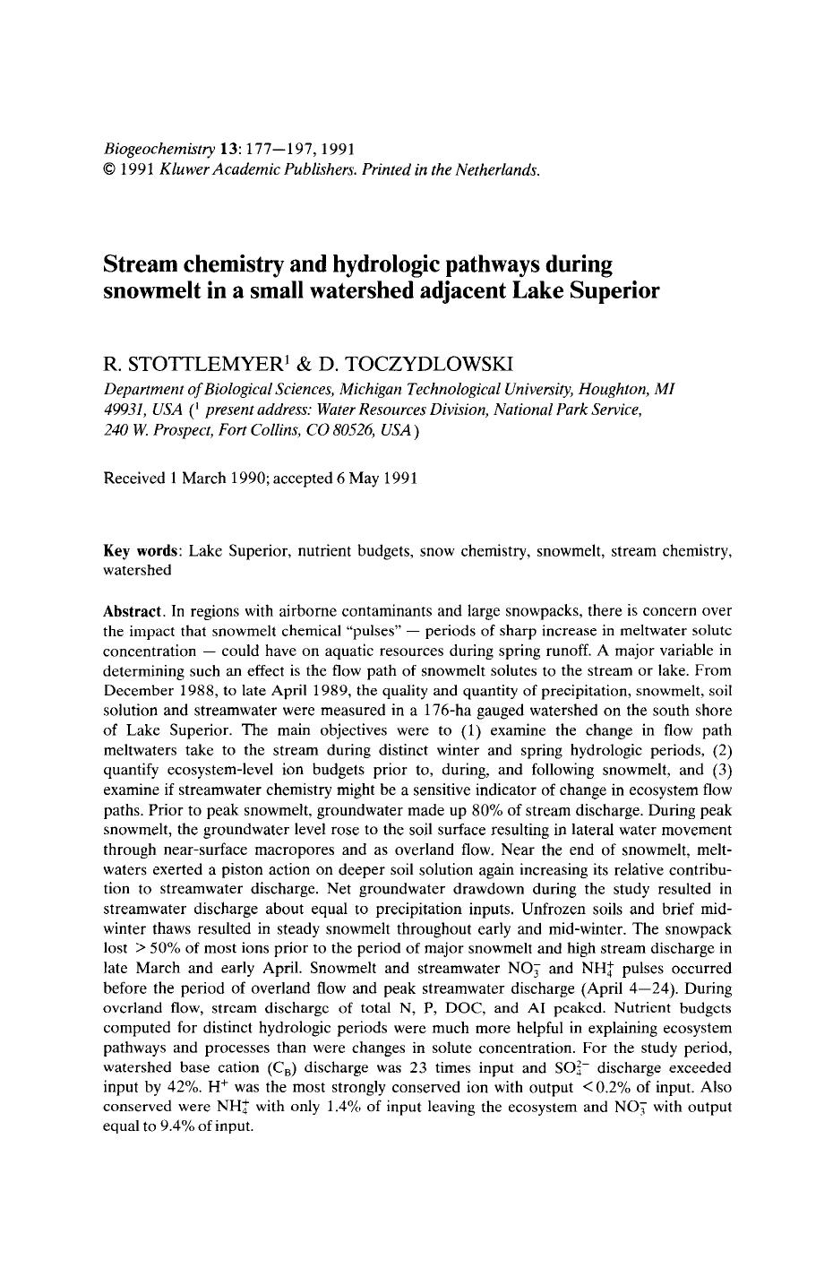 Stream chemistry and hydrologic pathways during snowmelt in a small watershed adjacent Lake Superior by Unknown