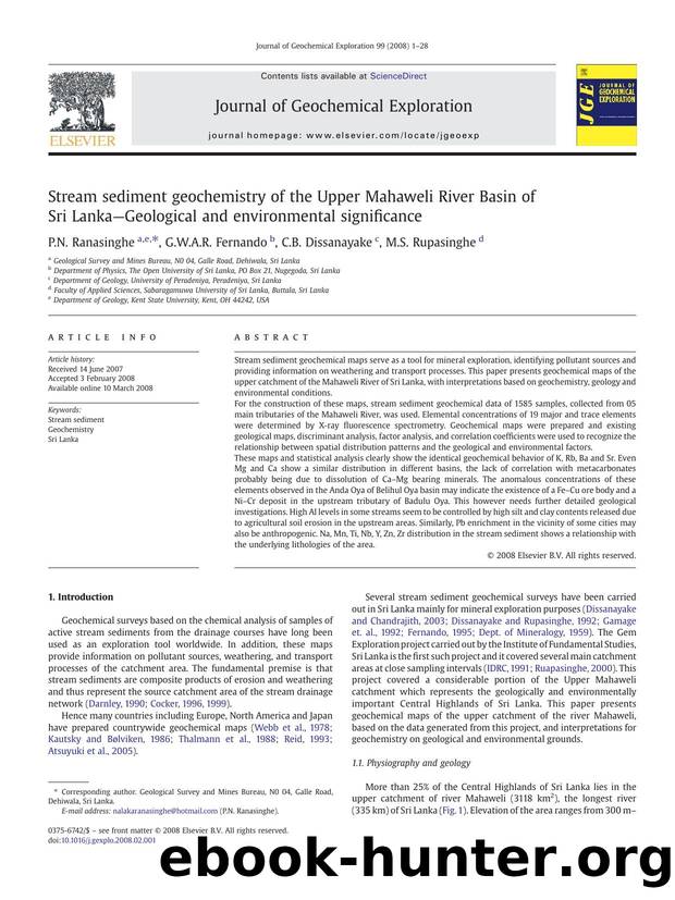Stream sediment geochemistry of the Upper Mahaweli River Basin of Sri LankaâGeological and environmental significance by P.N. Ranasinghe; G.W.A.R. Fernando; C.B. Dissanayake; M.S. Rupasinghe